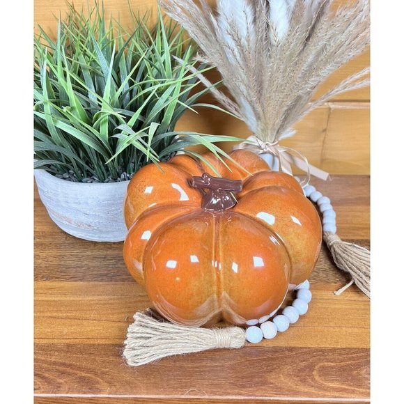 New CERAMIC PUMPKIN 8" Glazed Golden Orange with Brown Stem Fall Decor #4141 - Picture 2 of 9